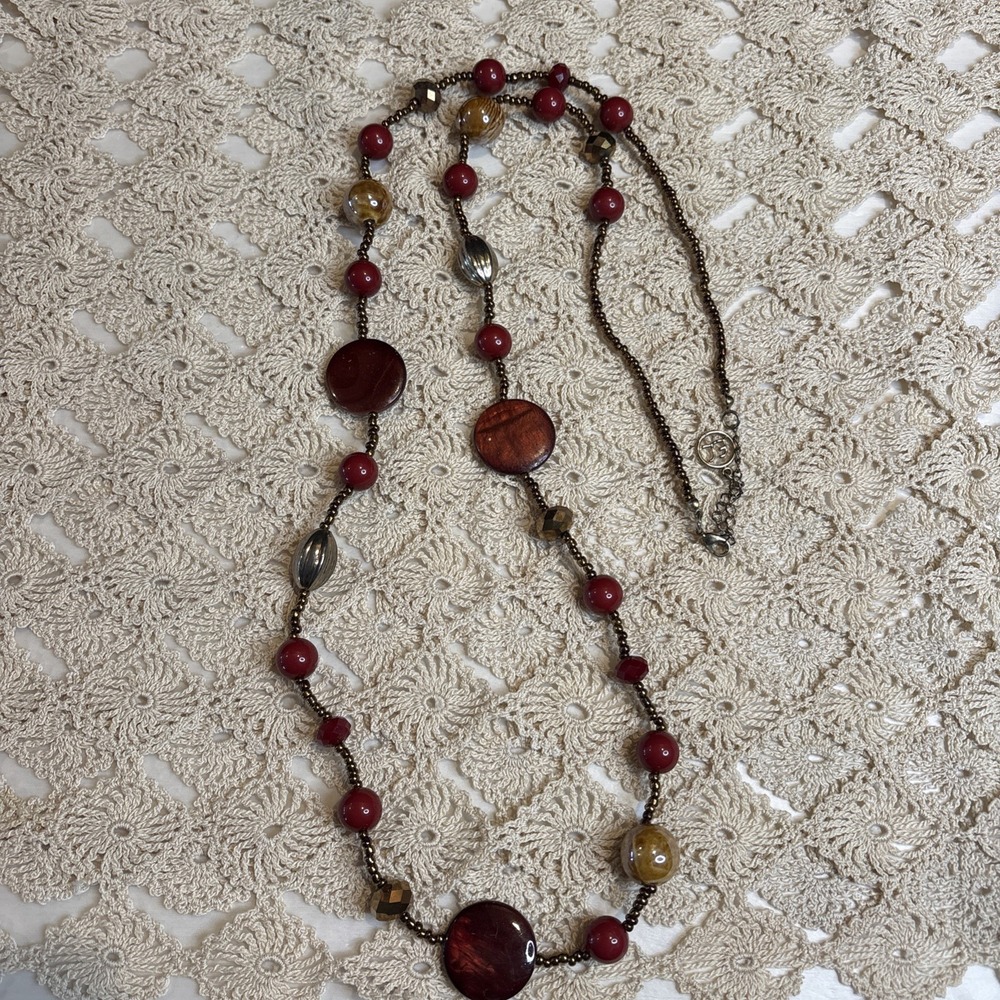 Estate Long Cranberry Red Flat Bronze Goldtone Beaded Necklace 20 Inch Statement